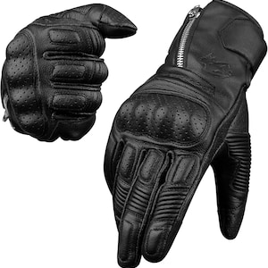May include: Black leather motorcycle gloves with perforated detailing for breathability. Features include a zipper closure, padded knuckles, and reinforced palms. The gloves are designed for protection and comfort.