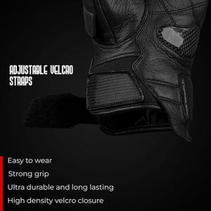 May include: Black leather gloves with adjustable Velcro straps. The gloves feature a high-density Velcro closure and are designed for a strong grip. The text on the image says "Easy to wear", "Strong grip", "Ultra durable and long lasting", and "High density velcro closure".