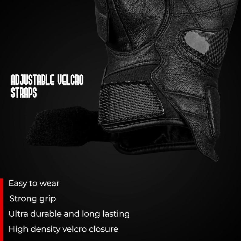 May include: Black leather gloves with adjustable Velcro straps. The gloves feature a high-density Velcro closure and are designed for a strong grip. The text on the image says "Easy to wear", "Strong grip", "Ultra durable and long lasting", and "High density velcro closure".