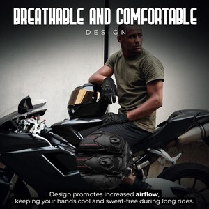 May include: Black motorcycle gloves with red stitching and a breathable design. The image includes the text "BREATHABLE AND COMFORTABLE DESIGN" and "Design promotes increased airflow, keeping your hands cool and sweat-free during long rides."