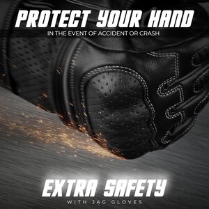 May include: Black leather motorcycle glove with white stitching and perforations. The image includes the text "PROTECT YOUR HAND" and "EXTRA SAFETY". Sparks are visible, suggesting impact protection.