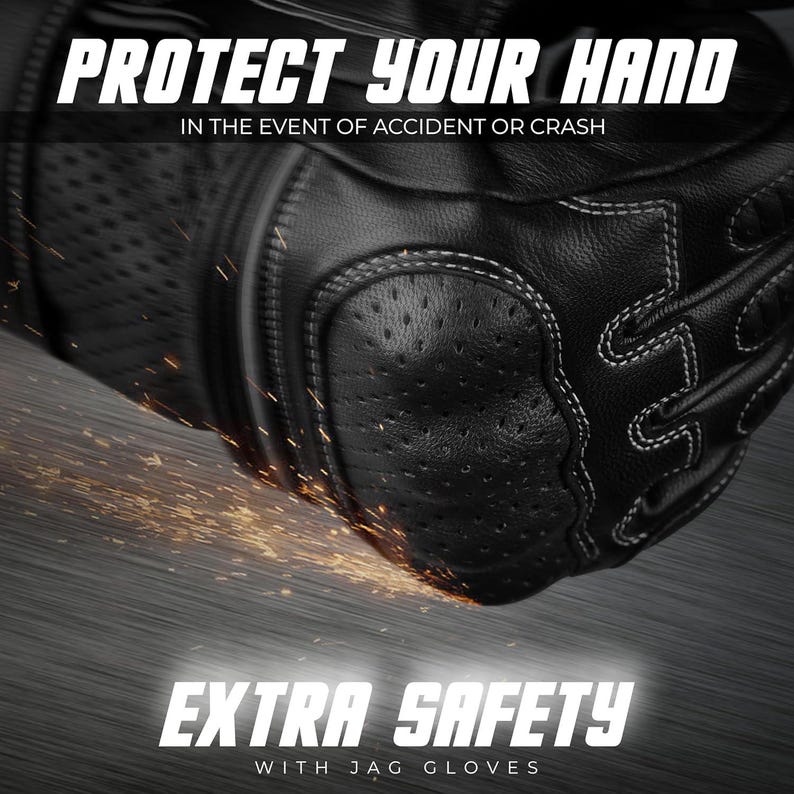 May include: Black leather motorcycle glove with white stitching and perforations. The image includes the text "PROTECT YOUR HAND" and "EXTRA SAFETY". Sparks are visible, suggesting impact protection.