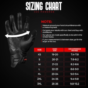 May include: Black motorcycle glove with a sizing chart. The chart includes hand circumference measurements in inches and centimeters, ranging from 7.4 inches (19 cm) to 10.2 inches (26 cm). The text on the chart reads "SIZING CHART JAG POWERED".