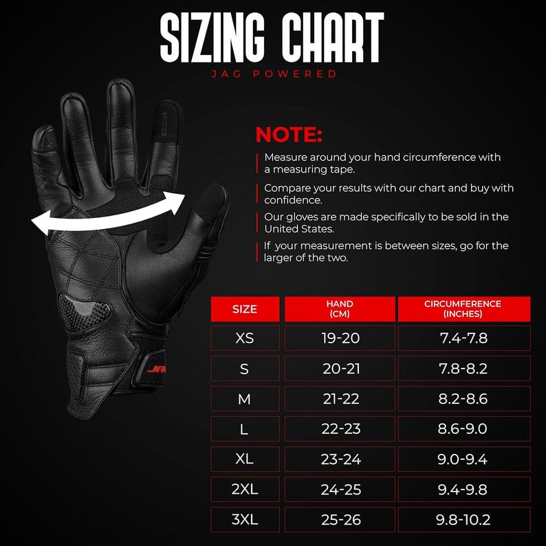 May include: Black motorcycle glove with a sizing chart. The chart includes hand circumference measurements in inches and centimeters, ranging from 7.4 inches (19 cm) to 10.2 inches (26 cm). The text on the chart reads "SIZING CHART JAG POWERED".