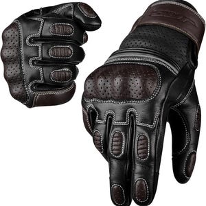 May include: Black and brown leather motorcycle gloves with white stitching. The gloves have perforated sections for ventilation and reinforced padding on the knuckles and palms. The gloves are designed for protection and comfort.