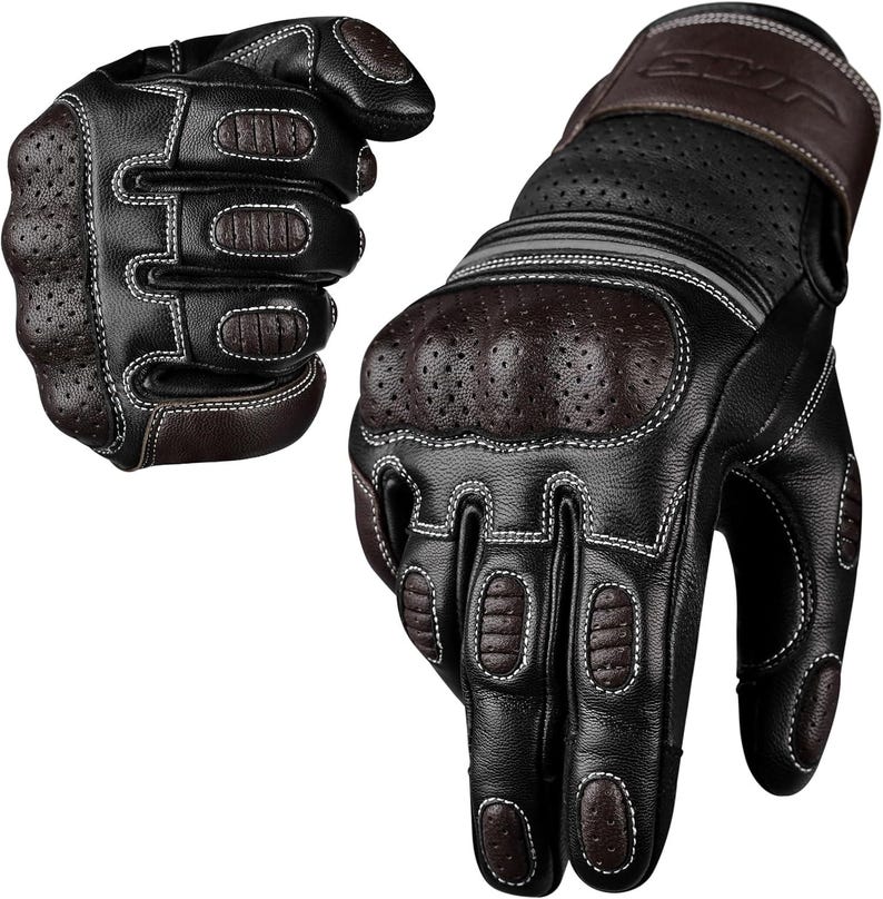 May include: Black and brown leather motorcycle gloves with white stitching. The gloves have perforated sections for ventilation and reinforced padding on the knuckles and palms. The gloves are designed for protection and comfort.