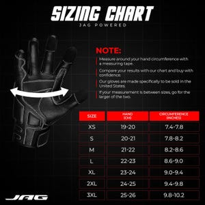 May include: Black leather glove with white stitching and a sizing chart. The chart includes hand circumference measurements in inches and centimeters, ranging from XS to 3XL. The text reads "SIZING CHART JAG POWERED".