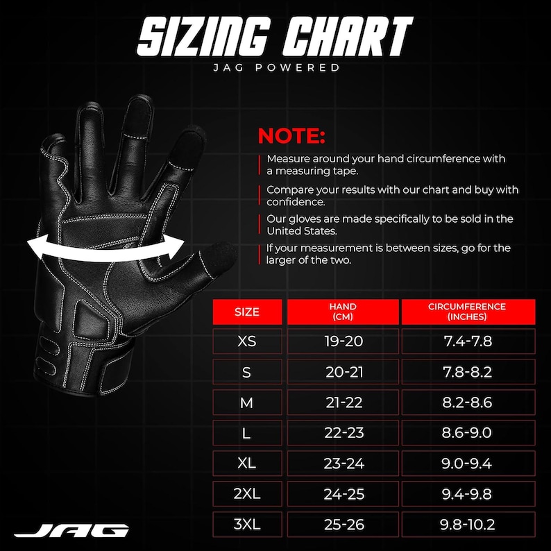 May include: Black leather glove with white stitching and a sizing chart. The chart includes hand circumference measurements in inches and centimeters, ranging from XS to 3XL. The text reads "SIZING CHART JAG POWERED".