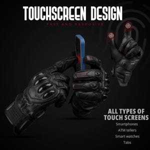 May include: Black touchscreen gloves with red stitching and carbon fiber accents. The image shows the gloves interacting with a blue smartphone. Text reads "TOUCHSCREEN DESIGN" and "ALL TYPES OF TOUCH SCREENS".