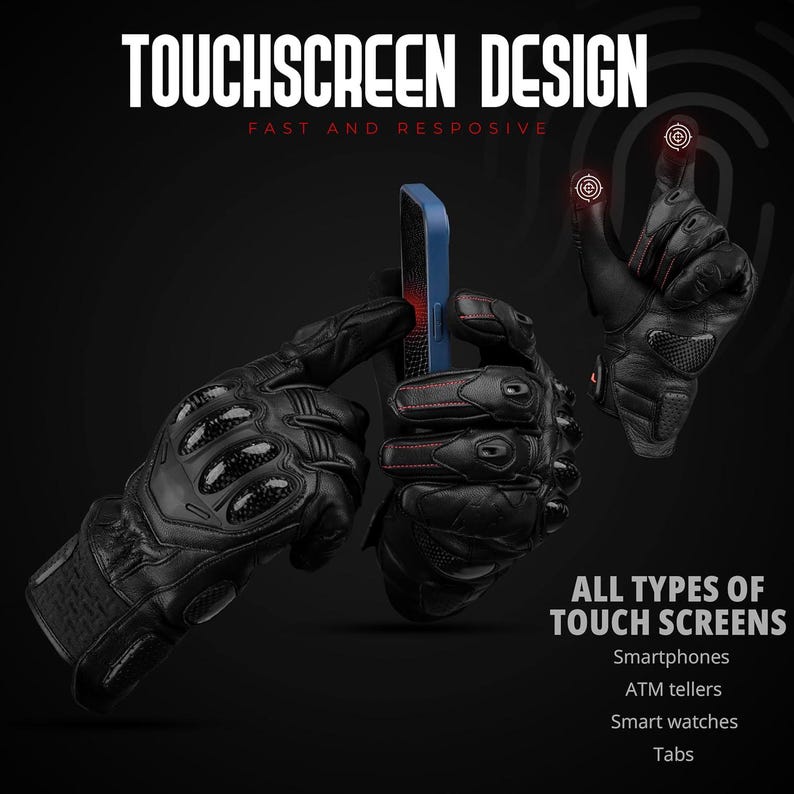 May include: Black touchscreen gloves with red stitching and carbon fiber accents. The image shows the gloves interacting with a blue smartphone. Text reads "TOUCHSCREEN DESIGN" and "ALL TYPES OF TOUCH SCREENS".