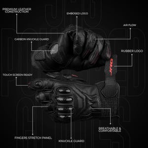 May include: Black motorcycle gloves with carbon knuckle guards, a rubber logo, and the text "JAG". Features include premium leather construction, air flow, and touch screen readiness. The gloves are designed to be breathable and comfortable.