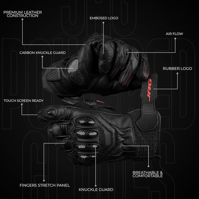 May include: Black motorcycle gloves with carbon knuckle guards, a rubber logo, and the text "JAG". Features include premium leather construction, air flow, and touch screen readiness. The gloves are designed to be breathable and comfortable.
