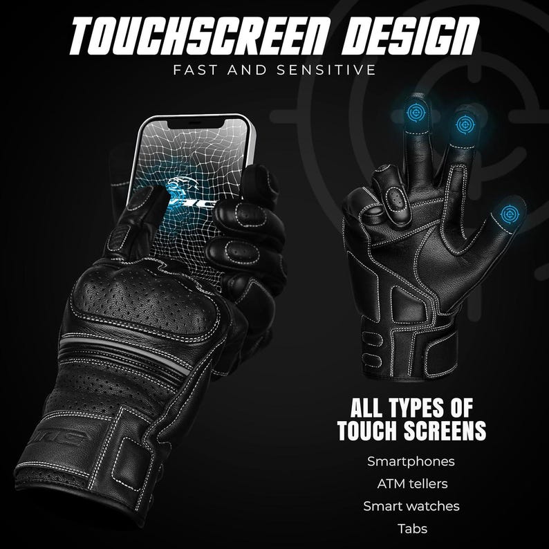 May include: Black touchscreen gloves with white stitching, designed for use with smartphones, ATM tellers, smart watches, and tabs. The gloves are shown holding a phone with a blue graphic. Text on the image reads "TOUCHSCREEN DESIGN FAST AND SENSITIVE."