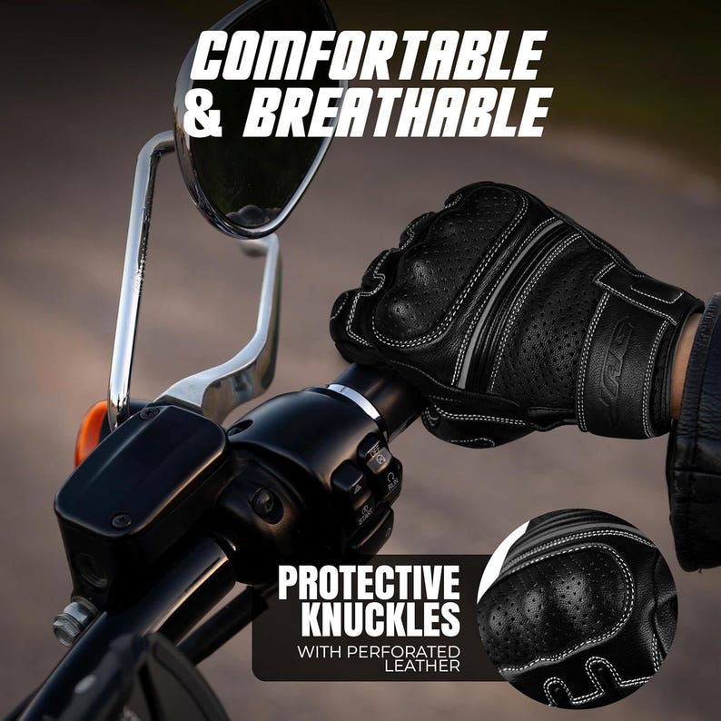May include: Black motorcycle gloves with white stitching and perforated leather. The gloves feature protective knuckles and the text "COMFORTABLE & BREATHABLE" and "PROTECTIVE KNUCKLES WITH PERFORATED LEATHER".