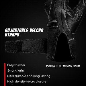 May include: Black weightlifting gloves with white stitching and adjustable Velcro straps. The gloves have a perforated design for breathability and feature the text "ADJUSTABLE VELCRO STRAPS".