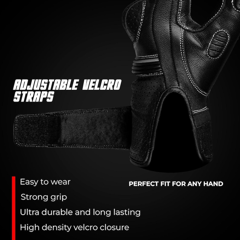May include: Black weightlifting gloves with white stitching and adjustable Velcro straps. The gloves have a perforated design for breathability and feature the text "ADJUSTABLE VELCRO STRAPS".