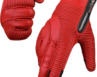 Red Leather Motorcycle Gloves - Touchscreen Padded Racing Gloves