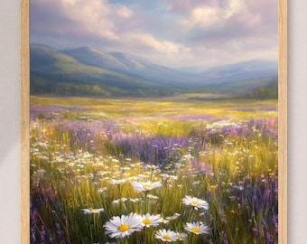 Utskrivbar solbelyst vildblomsäng – Golden Valley Dreamscape, väggkonst med mjuk pastellfärgad landskap