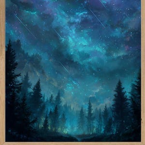 Mystical Cosmic Forest – Starlit Night Sky Over Pines, Dreamlike Celestial Landscape (Digital Download)