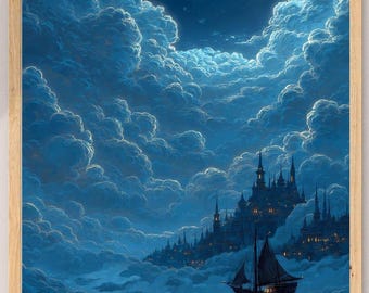 Moonlit Cloud City – Dreamy Celestial Sky Over Fantasy Harbor, Enchanted Nightscape Art (Digital Download)