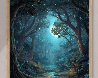 Lámina de sendero en el bosque iluminado por la luna – Paisaje de bosque encantado (Descarga digital)