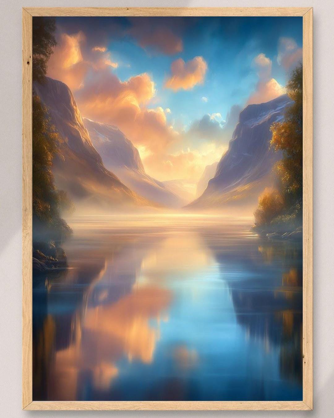 Golden Mountain Lake Printable – Sunrise Reflection Landscape Wall Art ...