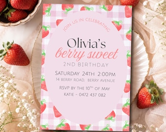 editable berry sweet birthday invite, girls strawberry theme, canva template, instant download