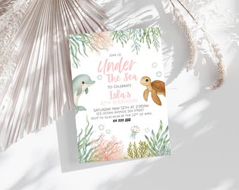 Inbjudan till födelsedag under havet, flickors havsfest (redigerbar mall)