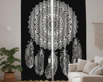 Black Dream Catcher Curtains Boho Mandala Window Panels Silver Feather Tapestry Curtain Set Bohemian Room Decor Hippie Bedroom Curtain