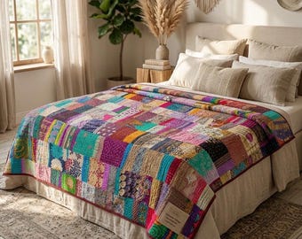 Vintage Patchwork Kantha Quilt Twin Size Handmade Cotton Blanket, Boho Indian Kantha Bedspread, Reversible Kantha Throw Bedding