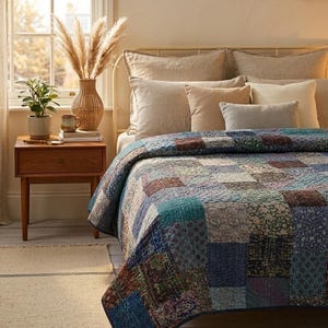 May include: A patchwork quilt in shades of blue, green, and brown covers a bed with beige pillows. A wooden nightstand holds a potted plant, a mug, and a decorative vase with dried grasses. The room has a warm, inviting atmosphere.