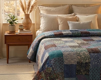 Vintage Kantha Quilt, Handmade Patchwork Blanket, Indian Cotton Kantha Bedspread, Boho Bedding Throw, Twin Size Gudari Quilt