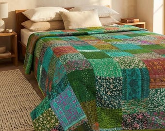 Hand stitched Soft  Cotton Blanket Gudri Throw bohemian Kantha Quilt Bedspread