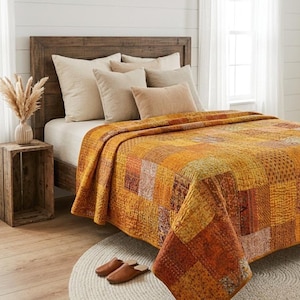 Edredón Kantha hecho a mano, tamaño king, reversible, de algodón indio, estilo bohemio, vintage, sari, decoración de dormitorio