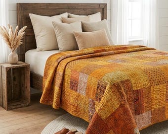 Handmade Kantha Quilt King Size Bedspread Reversible Indian Cotton Quilt Boho Bedding Vintage Sari Blanket Bedroom Decor