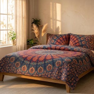 Boho Mandala Duvet Cover Set, Cotton Double Bed Sheet with 2 Pillow Covers, Indian Bohemian Bedding, Boho Home Decor
