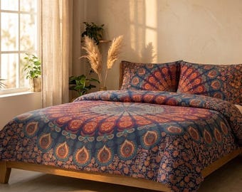 Juego de funda nórdica Boho Mandala, sábana doble de algodón con 2 fundas de almohada, ropa de cama bohemia india, decoración del hogar bohemia