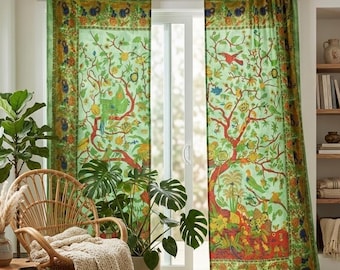 Boho Mandala Cotton Curtains, Bohemian Window Drapes, Indian Mandala Curtain Panel Set, Hippie Boho Home Decor