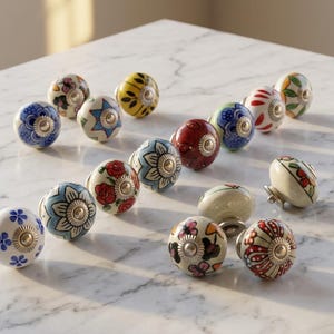 Decorative Ceramic Door Knobs Set, Multicolor Cabinet Pulls, Boho Drawer Knobs, Hand Painted Kitchen Furniture Hardware