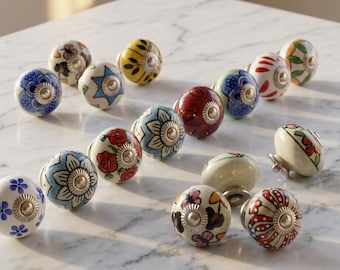 装飾用セラミック製ドアノブセット、マルチカラーキャビネット取っ手、ボヘミアン風引き出しノブ、手描きキッチン家具金具