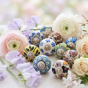 Ceramic Drawer Knobs Set Multicolor Hand Painted Cabinet Knobs Floral Boho Knobs Dresser Pulls Kitchen Cupboard Handles
