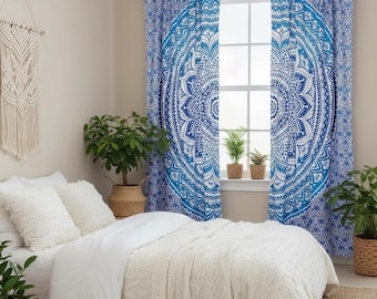 Handmade Blue Mandala Curtains, Coastal Boho Window Drapes, White Medallion Print Panels, Custom Size Yoga Room Decor, Set of 2