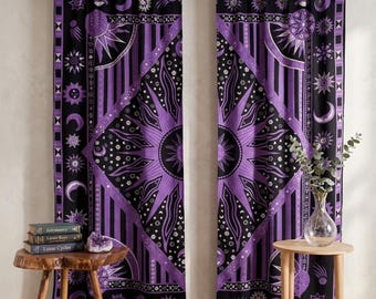 Boho Celestial Curtains Purple Sun Moon Stars Window Panels, Mandala Cotton Curtain, Bohemian Room Decor