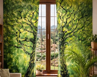 Indian Mandala Boho Nature Window Panels, Hippie Forest Curtains, Spiritual Yoga Room Decor, Bohemian Cotton Window Drapes