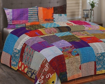Hand Made Design Kantha Quilt Blanket, Bed Cover, Bedspread Indian Cotton Boho Vintage Quilt