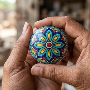 以下が含まれることがあります： 手描きの丸いセラミック製キャビネットノブ。花柄のデザインで、中央に赤い円があり、その周りをターコイズ、黄色、青色の花びらのような形が囲んでいます。両手で持っています。