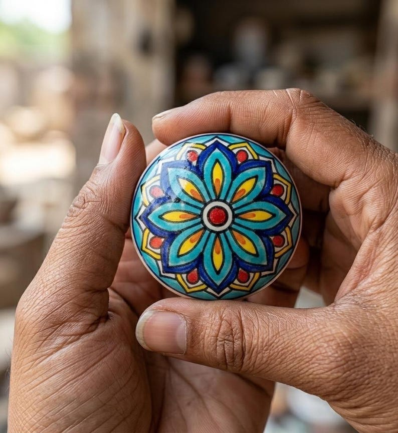 以下が含まれることがあります： 手描きの丸いセラミック製キャビネットノブ。花柄のデザインで、中央に赤い円があり、その周りをターコイズ、黄色、青色の花びらのような形が囲んでいます。両手で持っています。