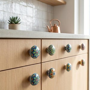 以下が含まれることがあります： 明るい木製のキャビネットのクローズアップ。カラフルなセラミックノブが付いています。ノブは、青、緑、黄色、赤の色合いの複雑な花柄のデザインが特徴です。銅製のティーポットと小さな鉢植えの多肉植物がカウンタートップにあります。