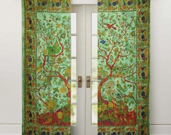 Tree of Life Curtain, Boho Botanical Window Curtain Panels, Birds Forest Nature Curtain, Bohemian Cotton Window Drapes, Hippie Home Decor
