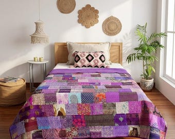 Handwoven Kantha Quilt King Size Floral Print thick Bedspread Decorative Ethnic Silk Bedding